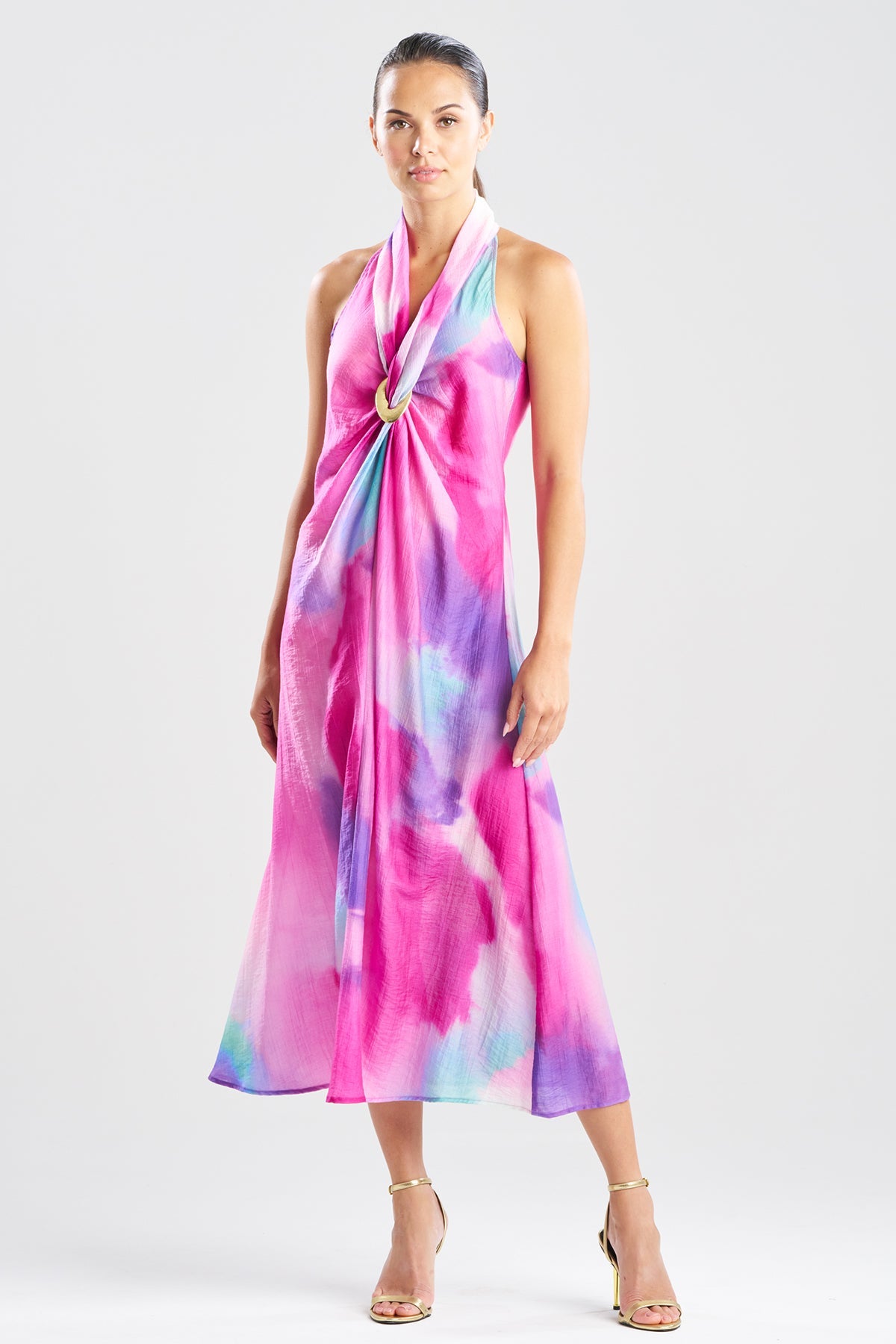 Watercolor Sheer Texture Halter Maxi Dress Pink