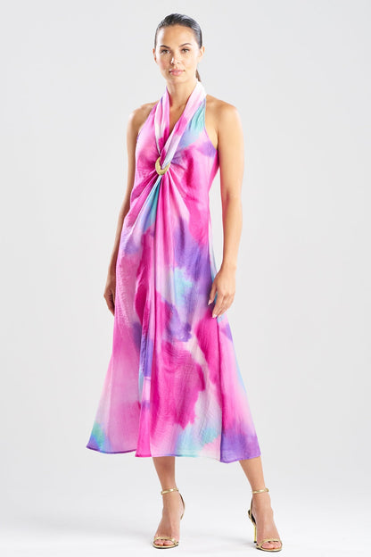 Watercolor Sheer Texture Halter Maxi Dress Pink
