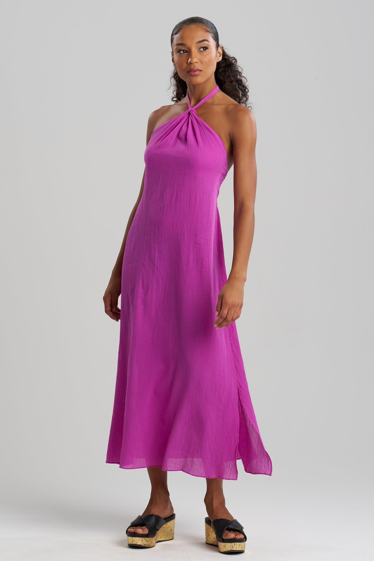 Cotton Gauze Halter Dress Magenta