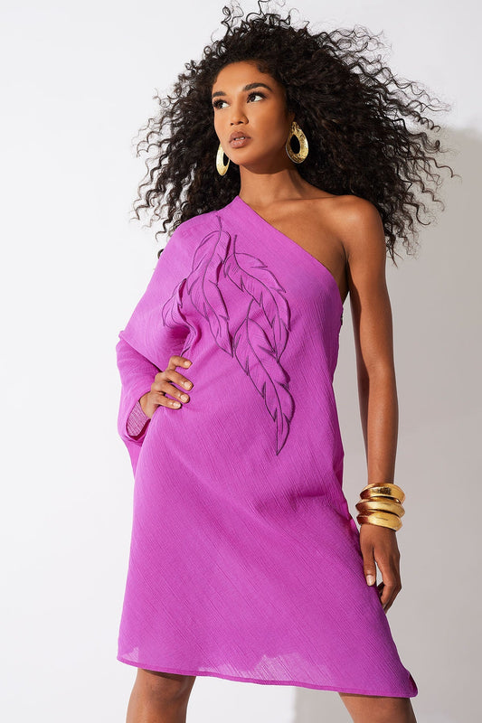 Cotton Gauze Applique One Shoulder Dress Magenta