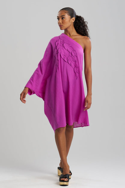 Cotton Gauze Applique One Shoulder Dress Magenta