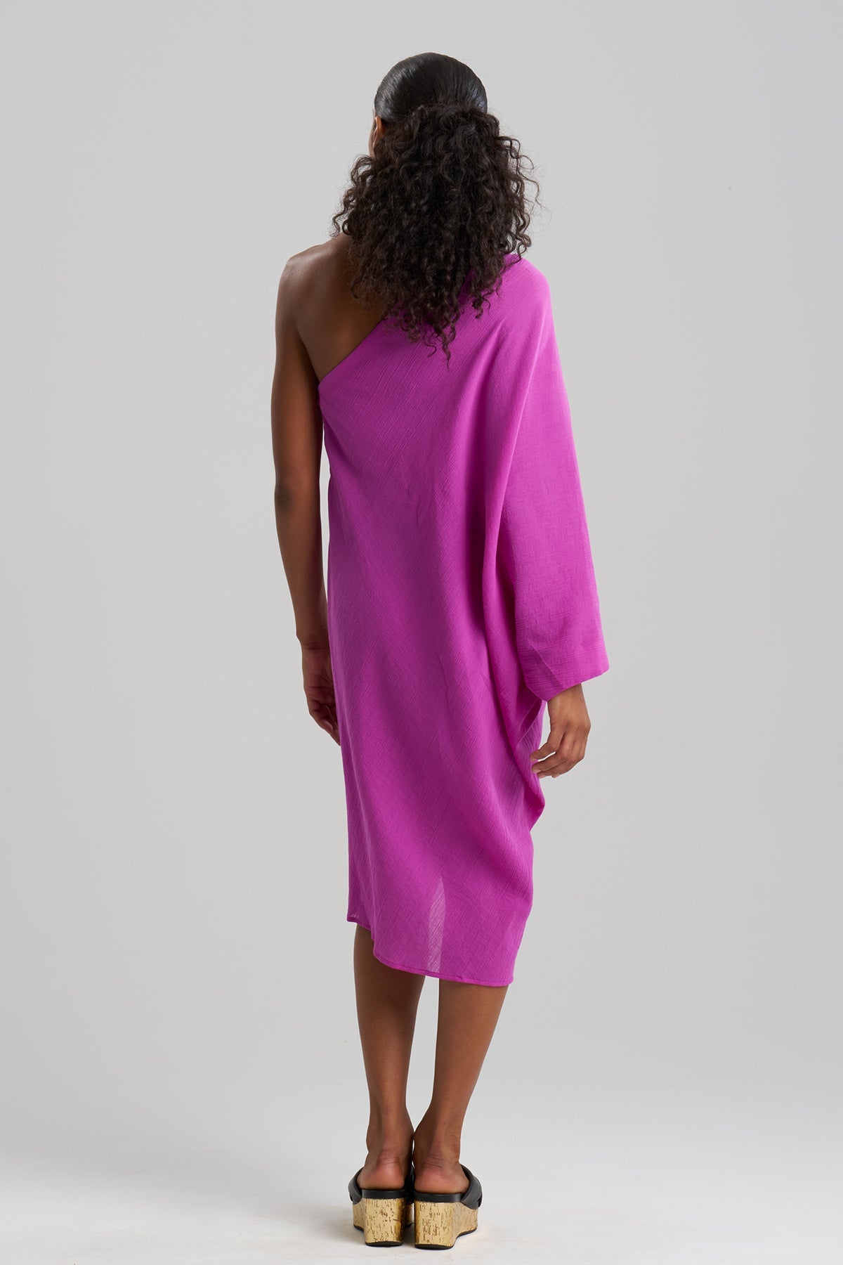Cotton Gauze Applique One Shoulder Dress Magenta
