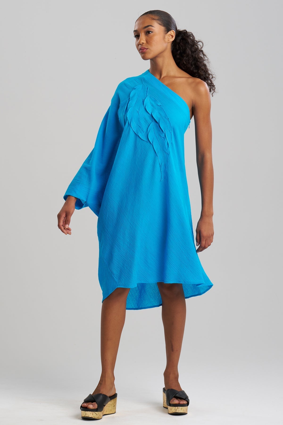 Cotton Gauze Applique One Shoulder Dress Wave Blue
