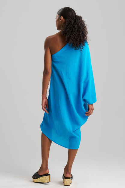 Cotton Gauze Applique One Shoulder Dress Wave Blue