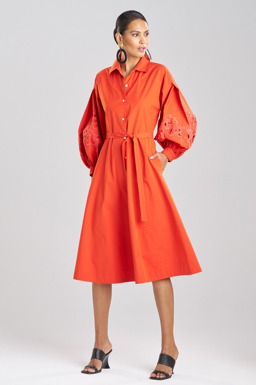 Buy Tech Cotton Taffeta Embroidered Shirtdress in Tangerine Orange Online Tangerine Orange