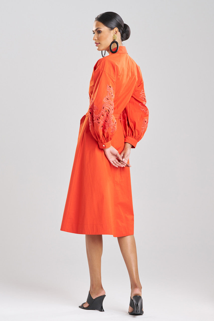 Buy Tech Cotton Taffeta Embroidered Shirtdress in Tangerine Orange Online Tangerine Orange