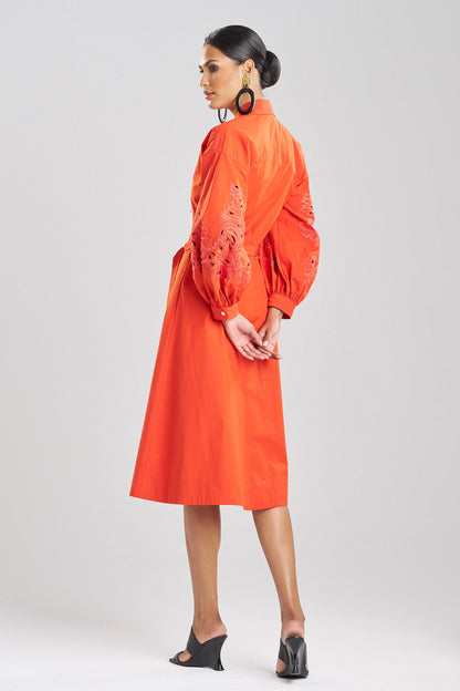 Buy Tech Cotton Taffeta Embroidered Shirtdress in Tangerine Orange Online Tangerine Orange