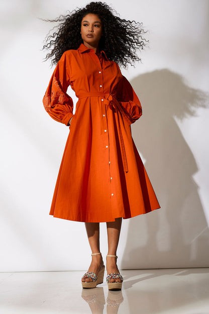 Buy Tech Cotton Taffeta Embroidered Shirtdress in Tangerine Orange Online Tangerine Orange