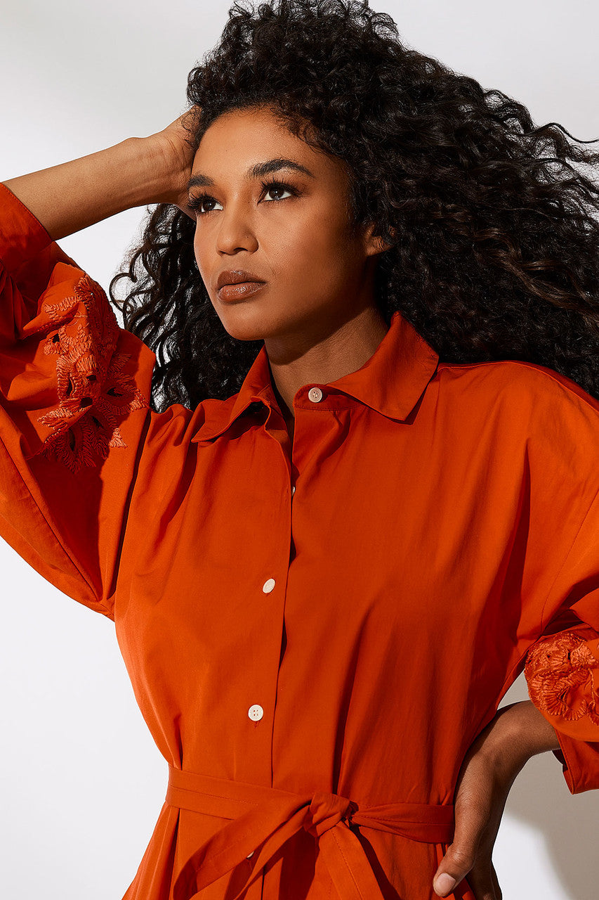 Buy Tech Cotton Taffeta Embroidered Shirtdress in Tangerine Orange Online Tangerine Orange