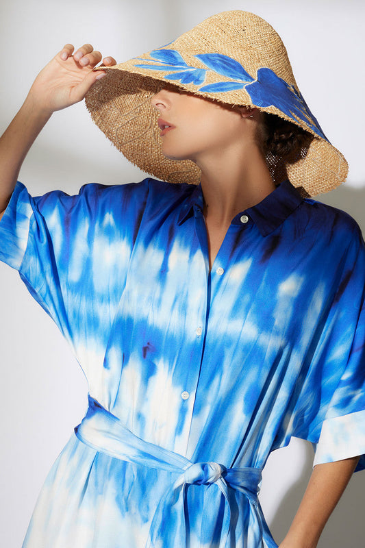 Buy Santorini Printed Cotton Silk Belted Shirtdress in Majorelle Online Majorelle