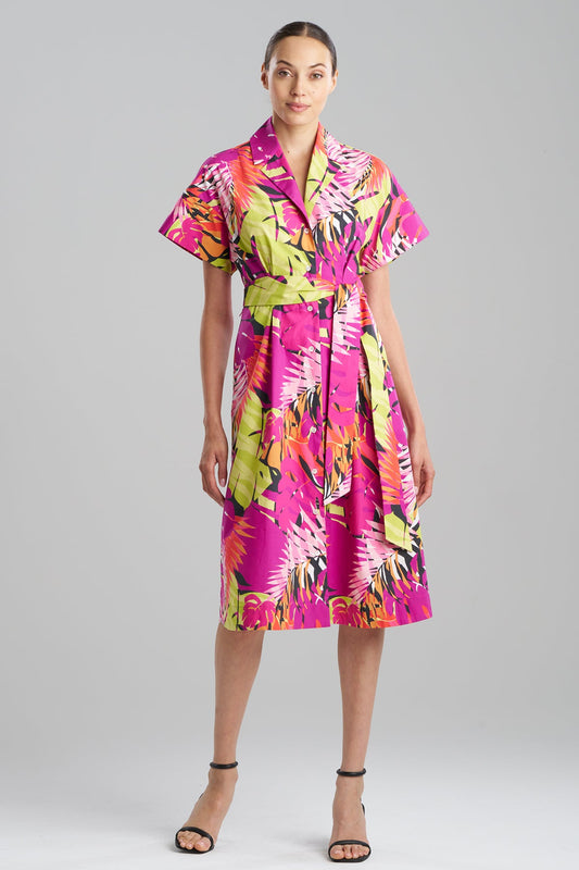 Palms Cotton Poplin Shirtdress Fuchsia