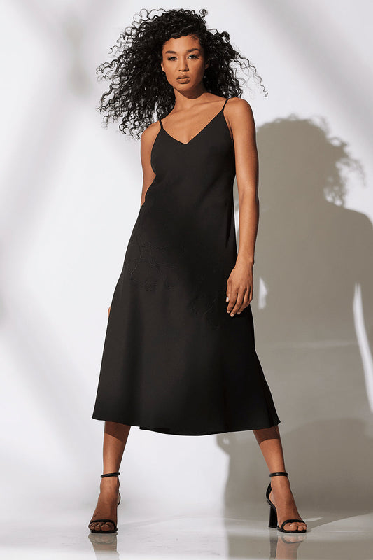 Buy Solid Crepe Embroidered Slip Dress in Black Online Black