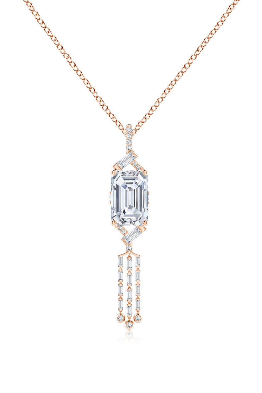 Buy Orient Express Lab-Grown 14K Gold Emerald Cut & Baguette Diamond Tassel Drop Pendant Necklace in 14K Rose Gold Online 14K Rose Gold