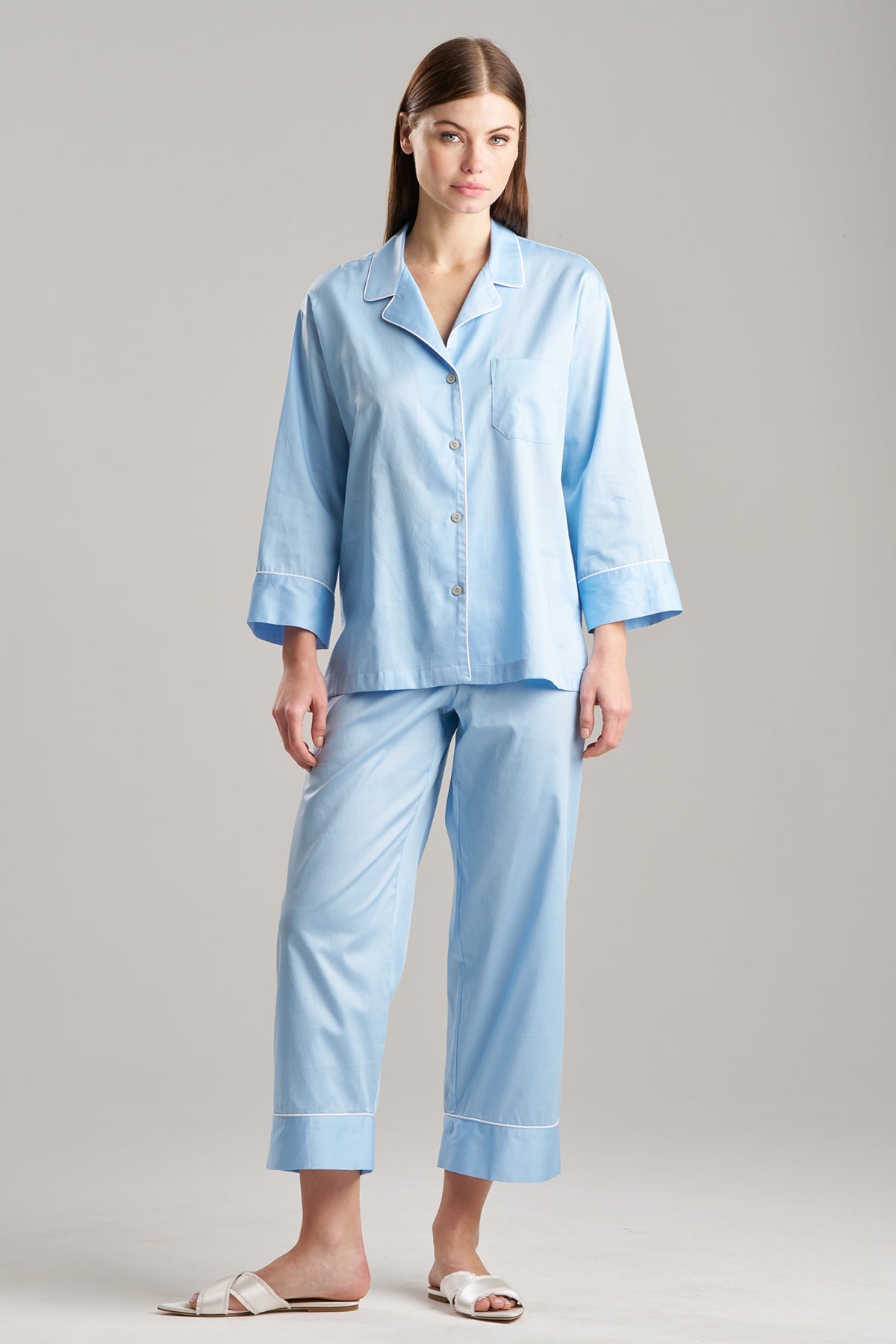 Buy Cotton Sateen Essentials Notch PJ in Bluebell Online Bluebell