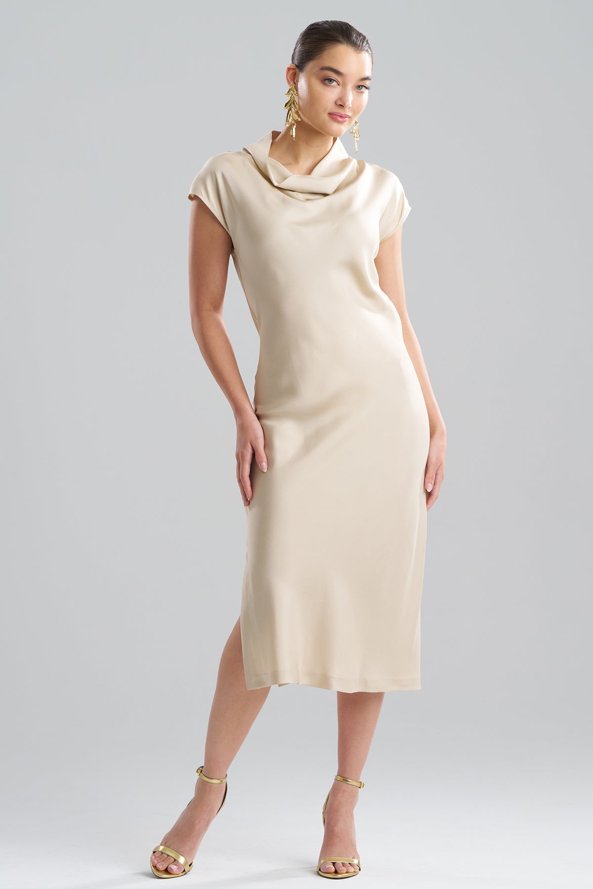Solid Silk Twill Cowl Neck Sheath Dress Bone