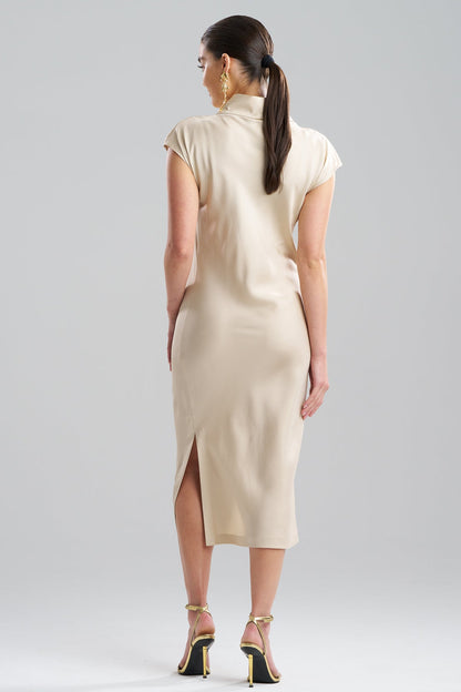 Solid Silk Twill Cowl Neck Sheath Dress Bone