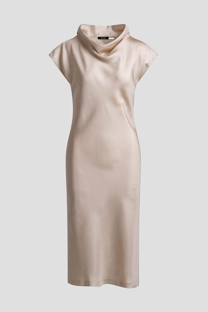 Solid Silk Twill Cowl Neck Sheath Dress Bone