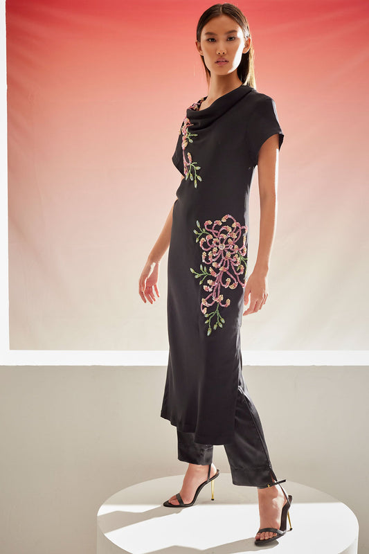 Couture Silk Crepe Embellished Column Dress Black
