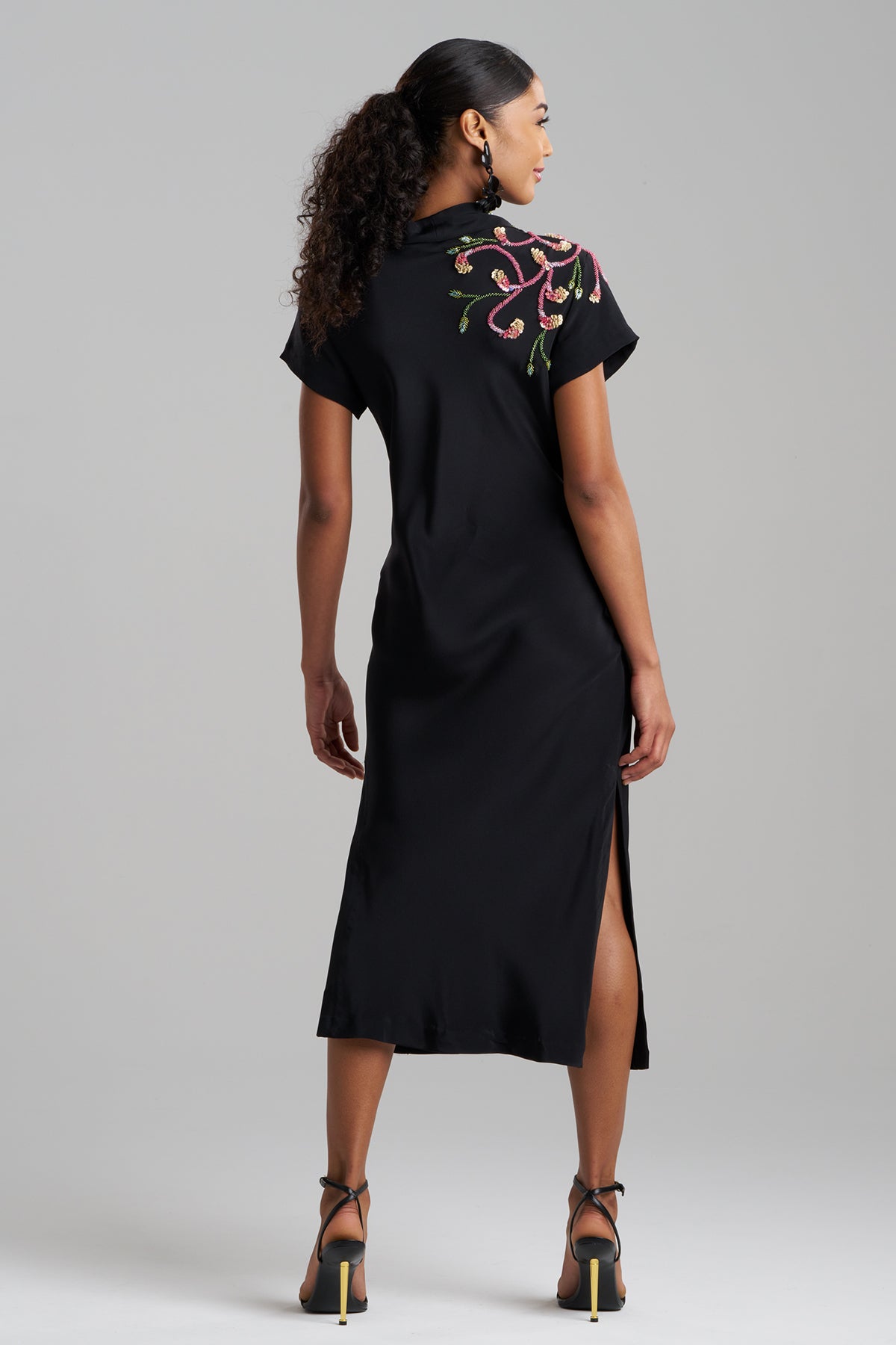 Couture Silk Crepe Embellished Column Dress Black