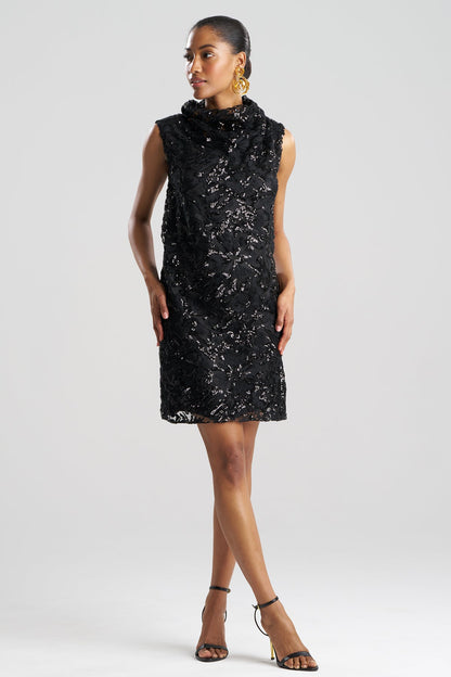 Floral Sequin Lace Shift Dress Black
