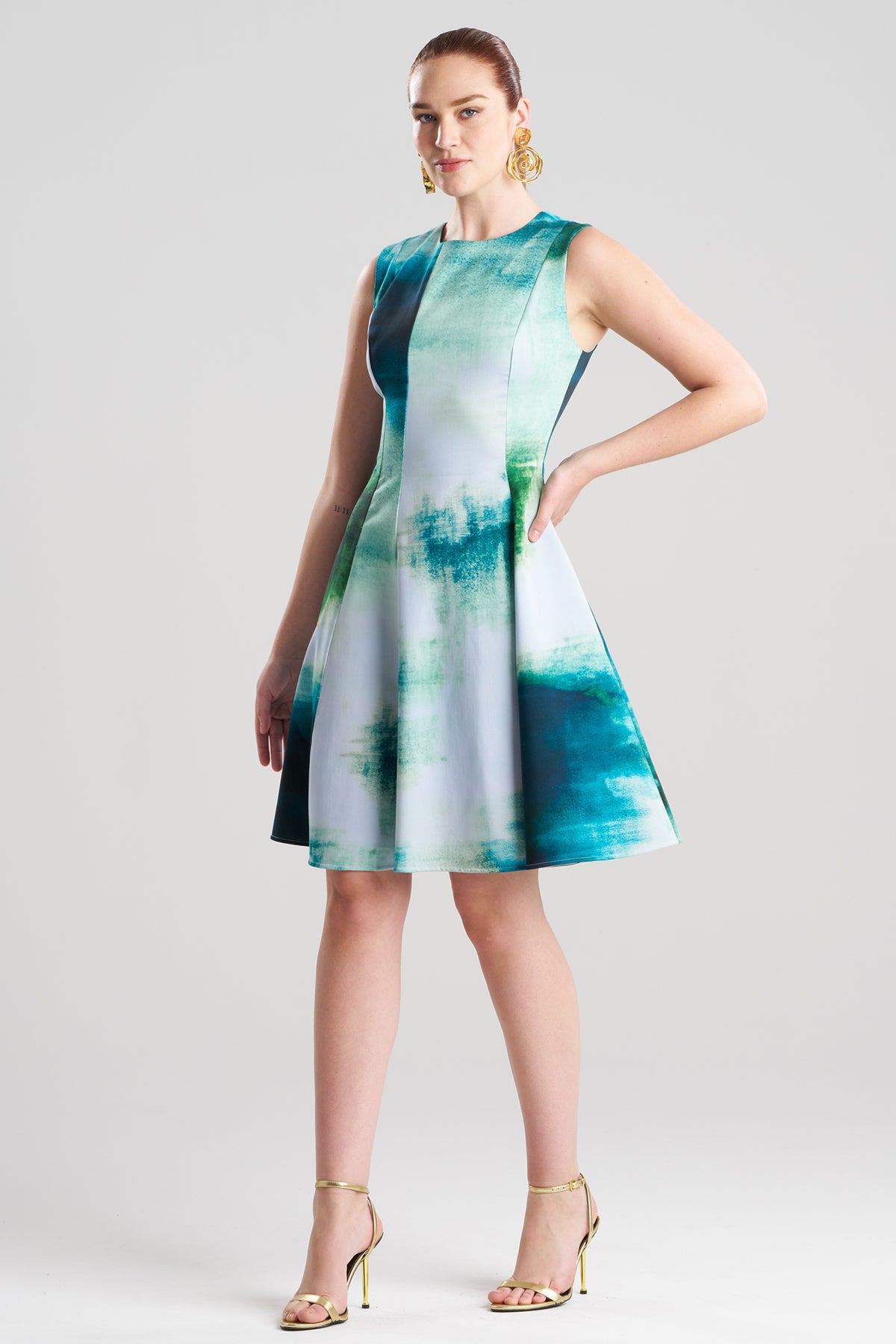 Hisui Cotton Chino Fit & Flare Dress Teal