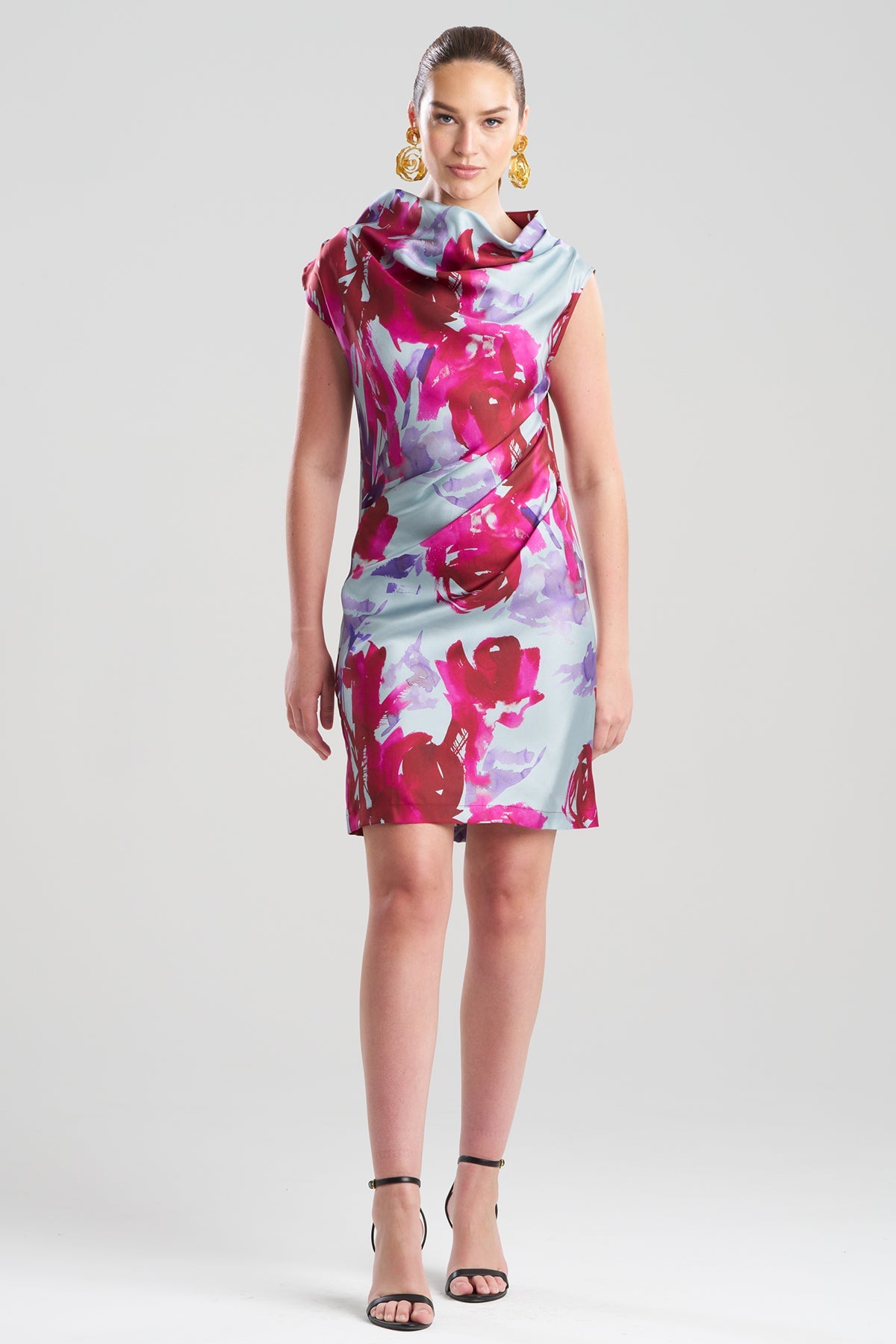 Mira Silk Twill Asymmetric Funnel Neck Dress Fuchsia