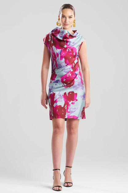 Mira Silk Twill Asymmetric Funnel Neck Dress Fuchsia