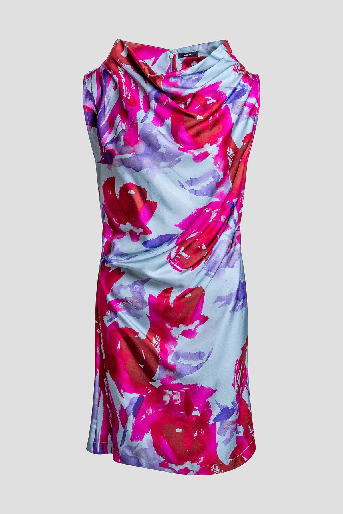 Mira Silk Twill Asymmetric Funnel Neck Dress Fuchsia