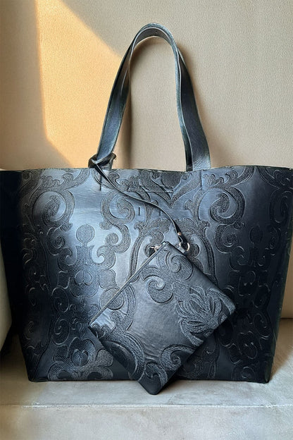 Buy Leticia Embroidery Large Tote Bag in Black Online Black