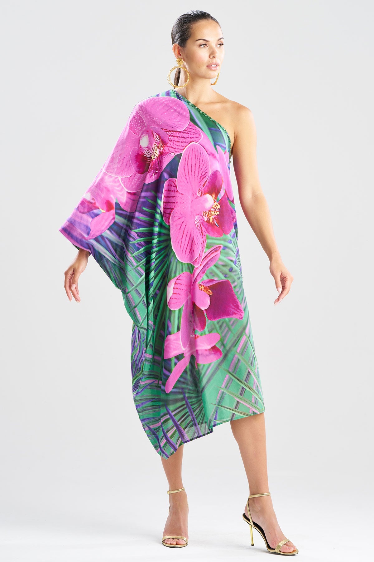 Orchid Silk Cotton Voile One Shoulder Beaded Caftan Multi