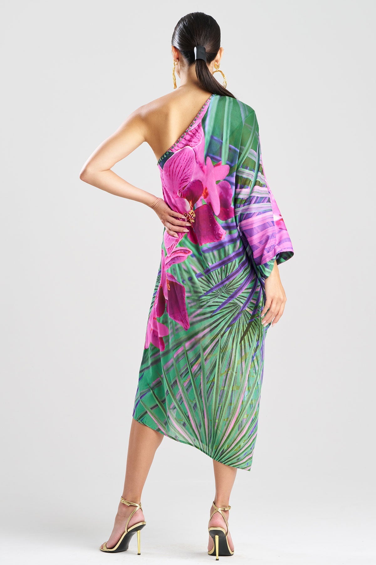 Orchid Silk Cotton Voile One Shoulder Beaded Caftan Multi