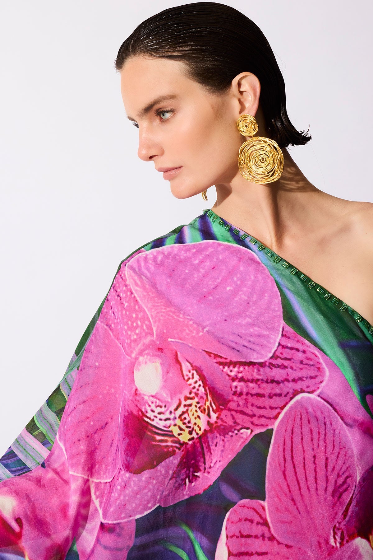 Orchid Silk Cotton Voile One Shoulder Beaded Caftan Multi