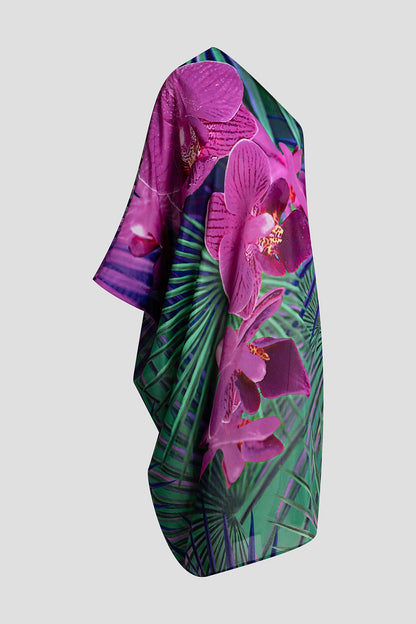 Orchid Silk Cotton Voile One Shoulder Beaded Caftan Multi