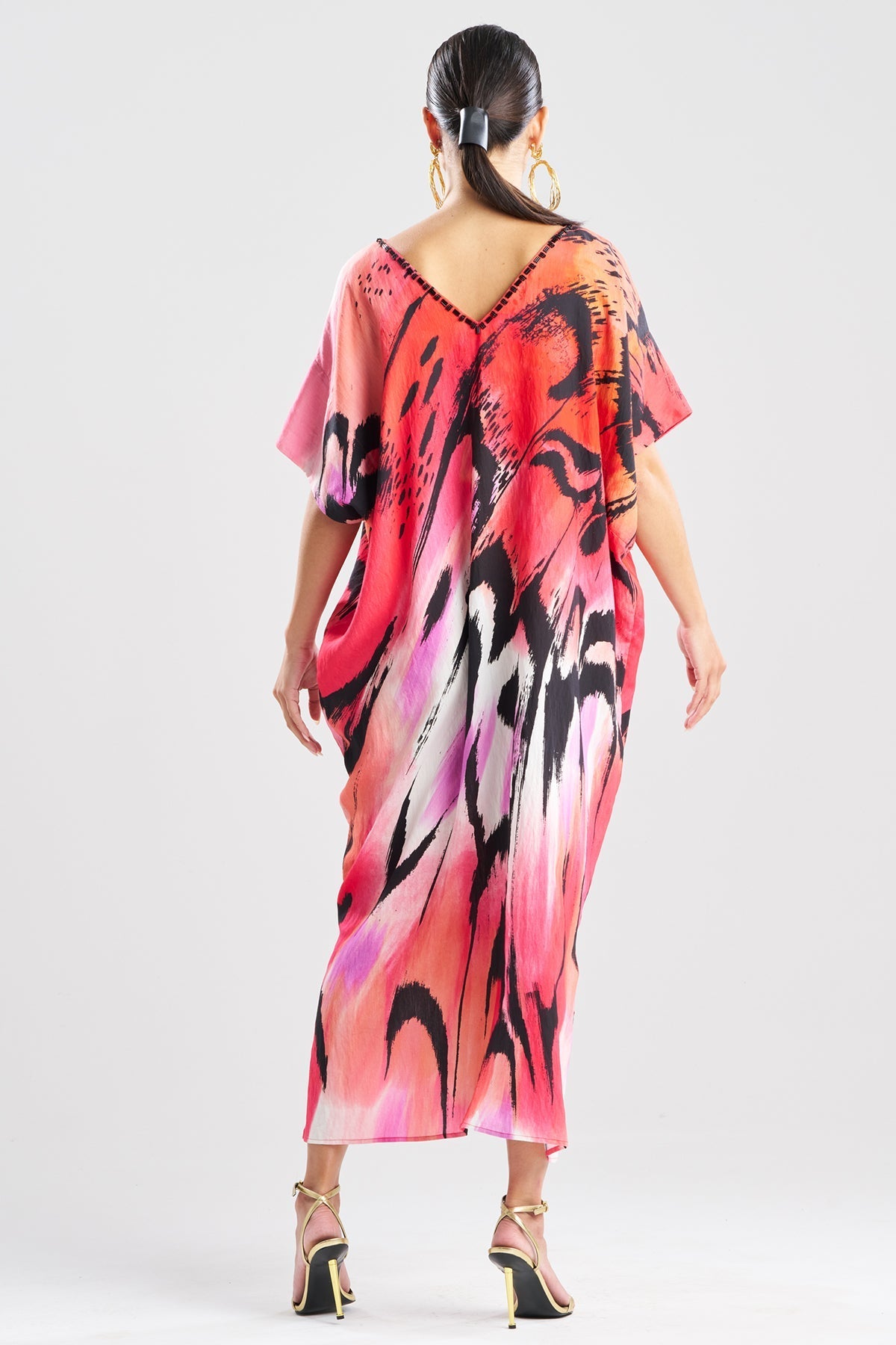 Butterfly Linen Blend Beaded Caftan Red