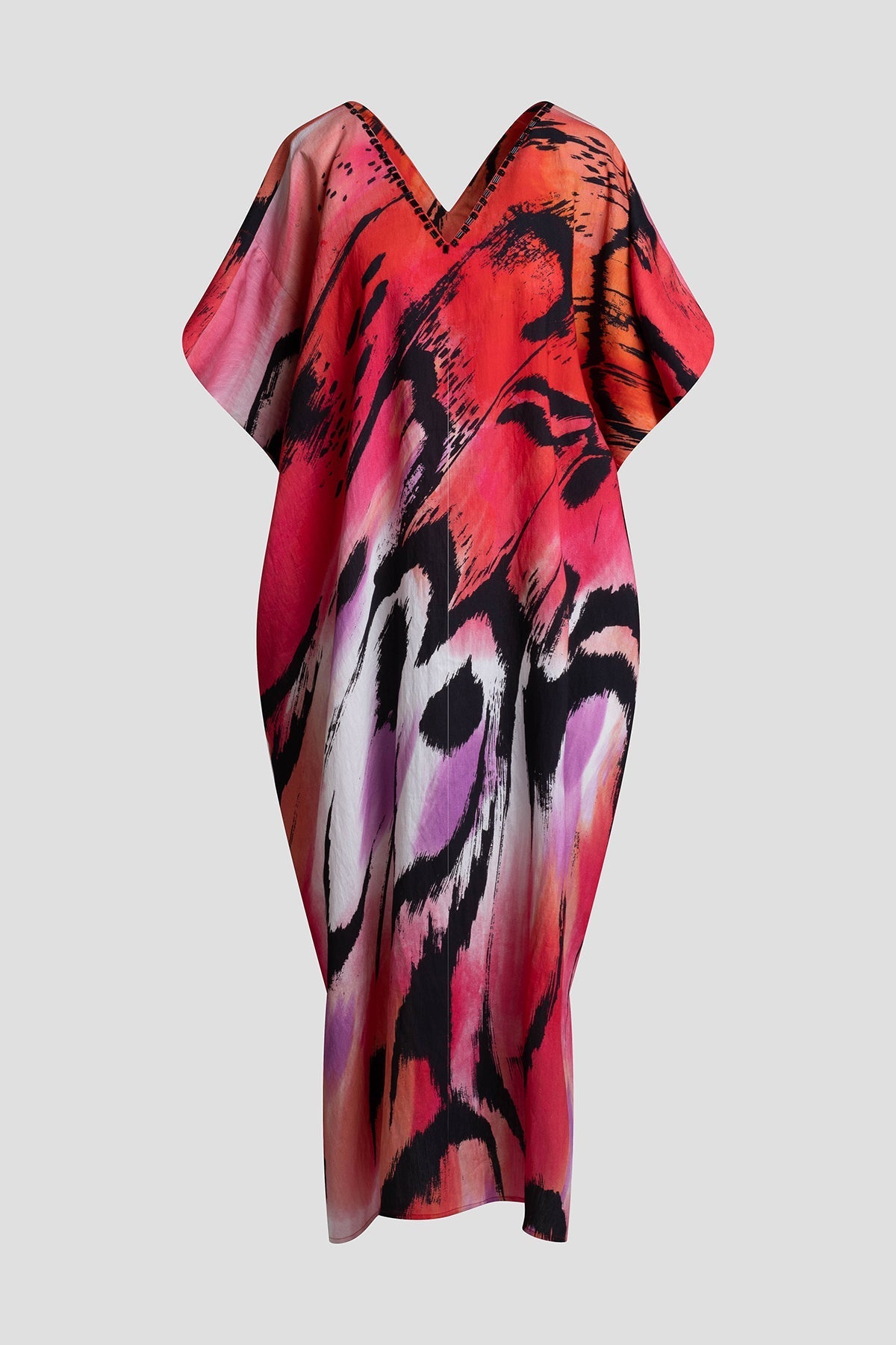 Butterfly Linen Blend Beaded Caftan Red