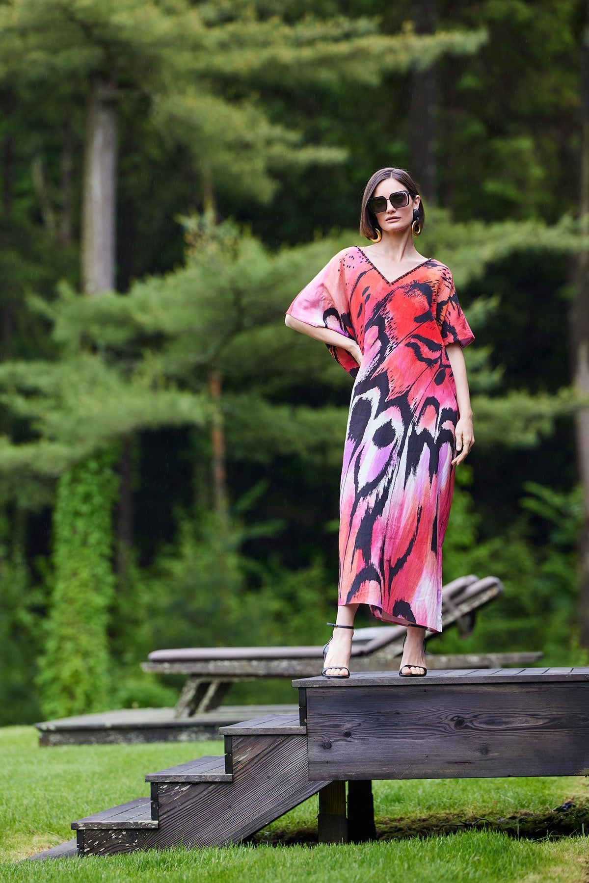 Butterfly Linen Blend Beaded Caftan Red