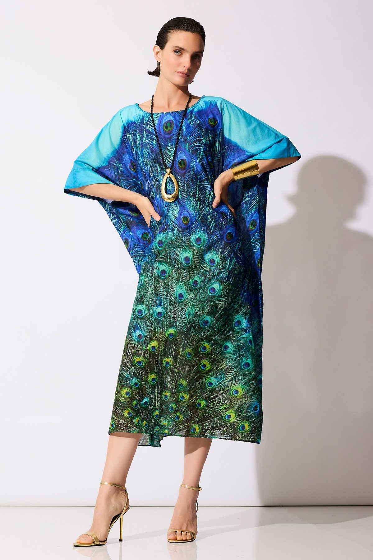 Peacock Cotton Voile Beaded Caftan Teal