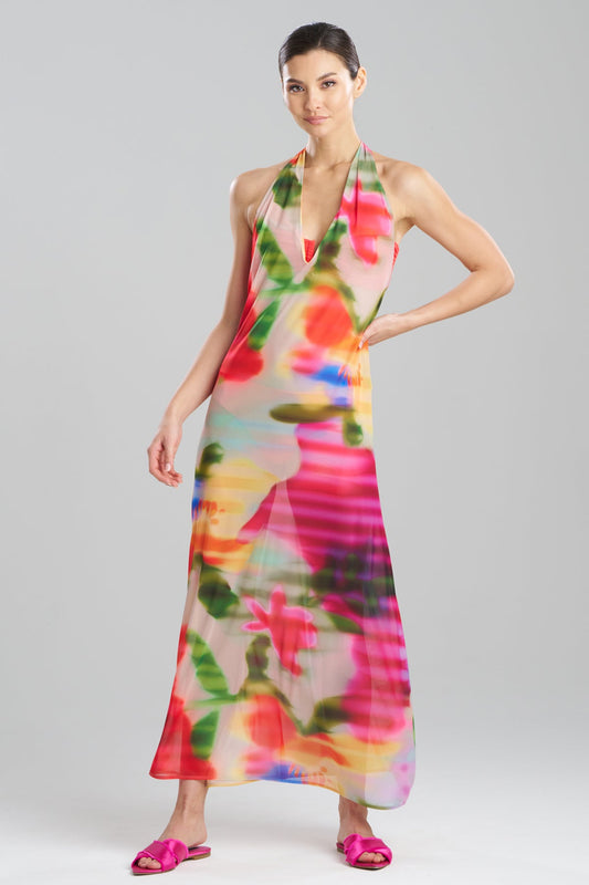 Floral Mirage Printed Mesh Halter Dress Multi