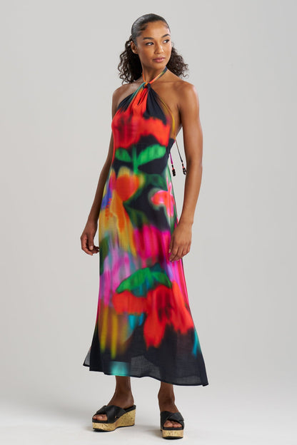 Buy Floral Mirage Printed Rayon Halter Dress online Black Multi