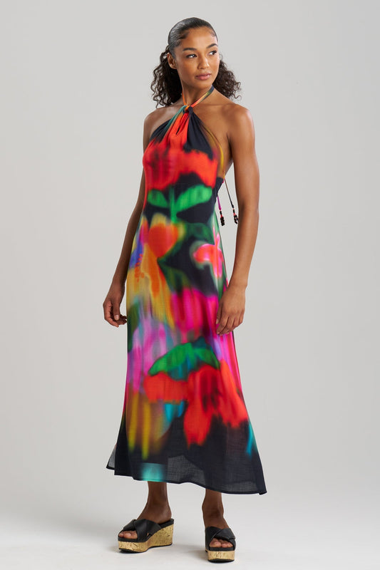 Buy Floral Mirage Printed Rayon Halter Dress online Black Multi