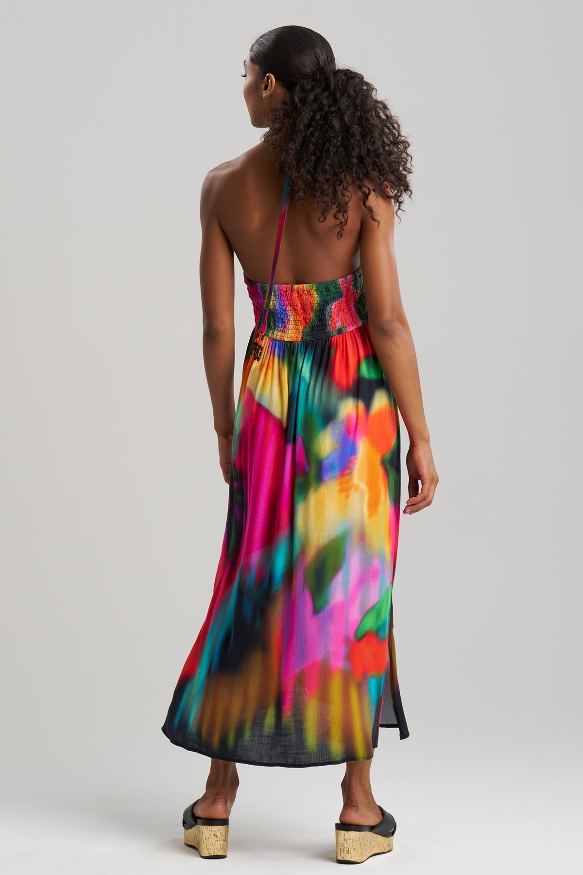 Buy Floral Mirage Printed Rayon Halter Dress online Black Multi