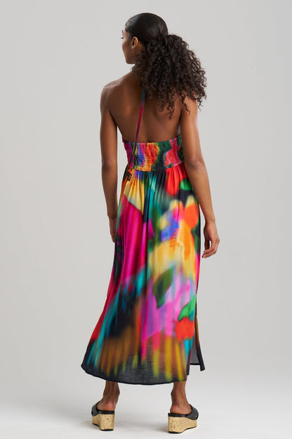 Buy Floral Mirage Printed Rayon Halter Dress online Black Multi
