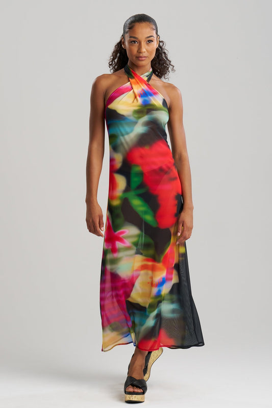 Buy Floral Mirage Printed Mesh Halter Dress online Black Multi