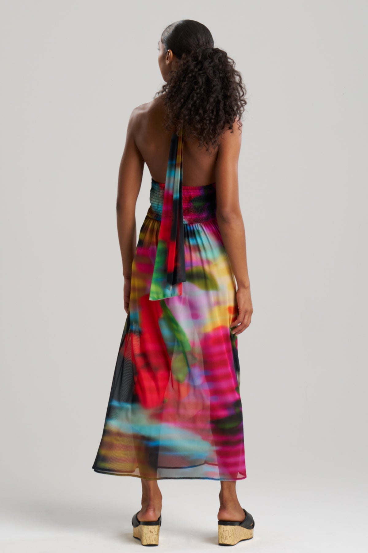Buy Floral Mirage Printed Mesh Halter Dress online Black Multi