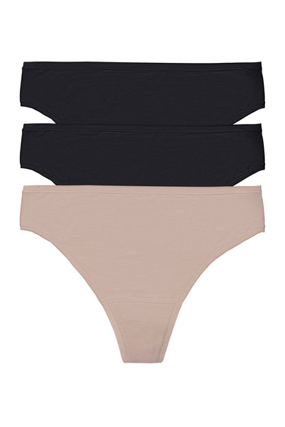 Bliss Bare Cotton Thong 3-Pack Black/Black/Café