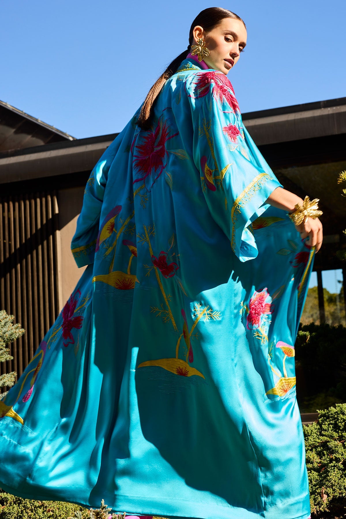 Couture Bali Embroidered Silk Robe Azure