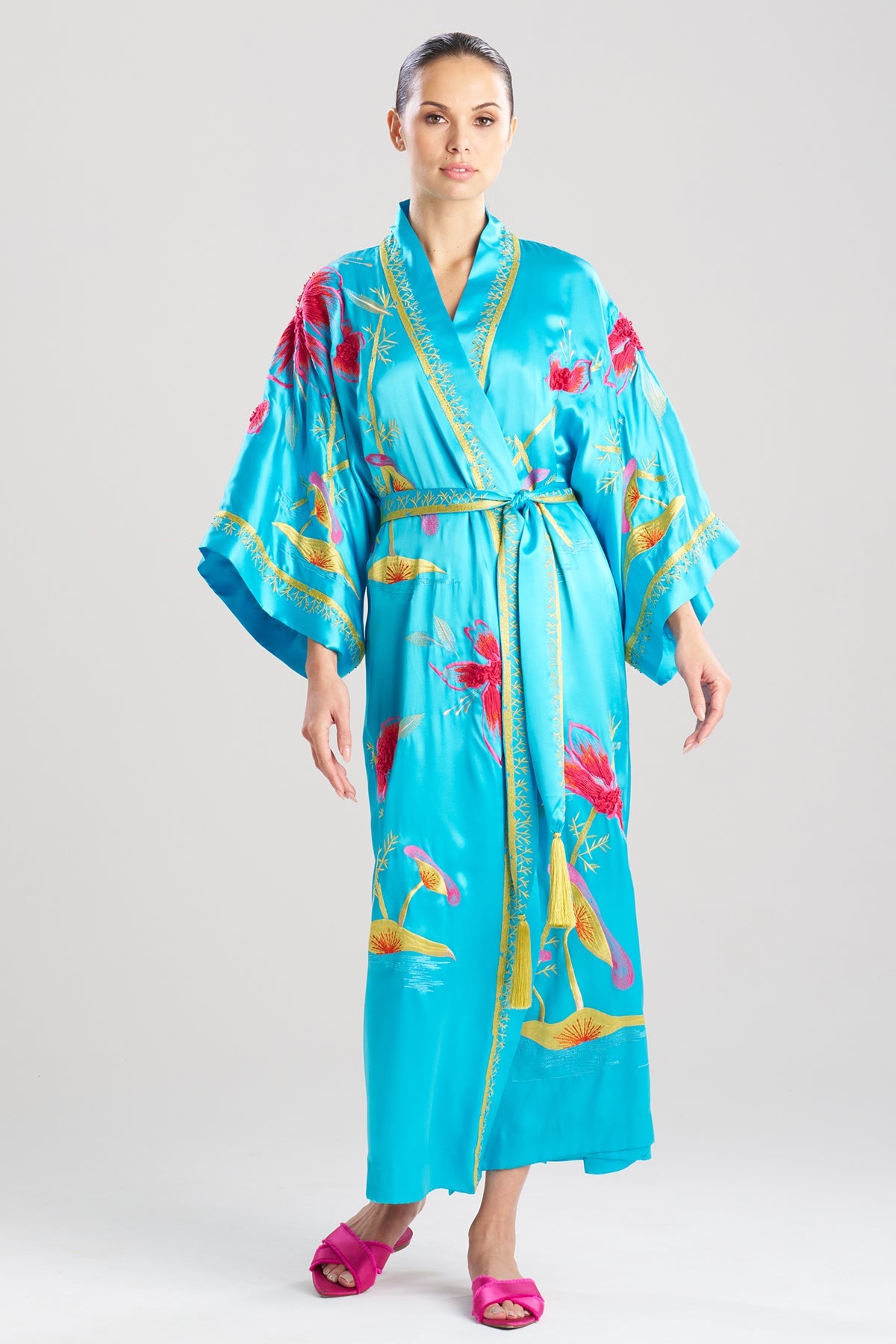 Couture Bali Embroidered Silk Robe Azure