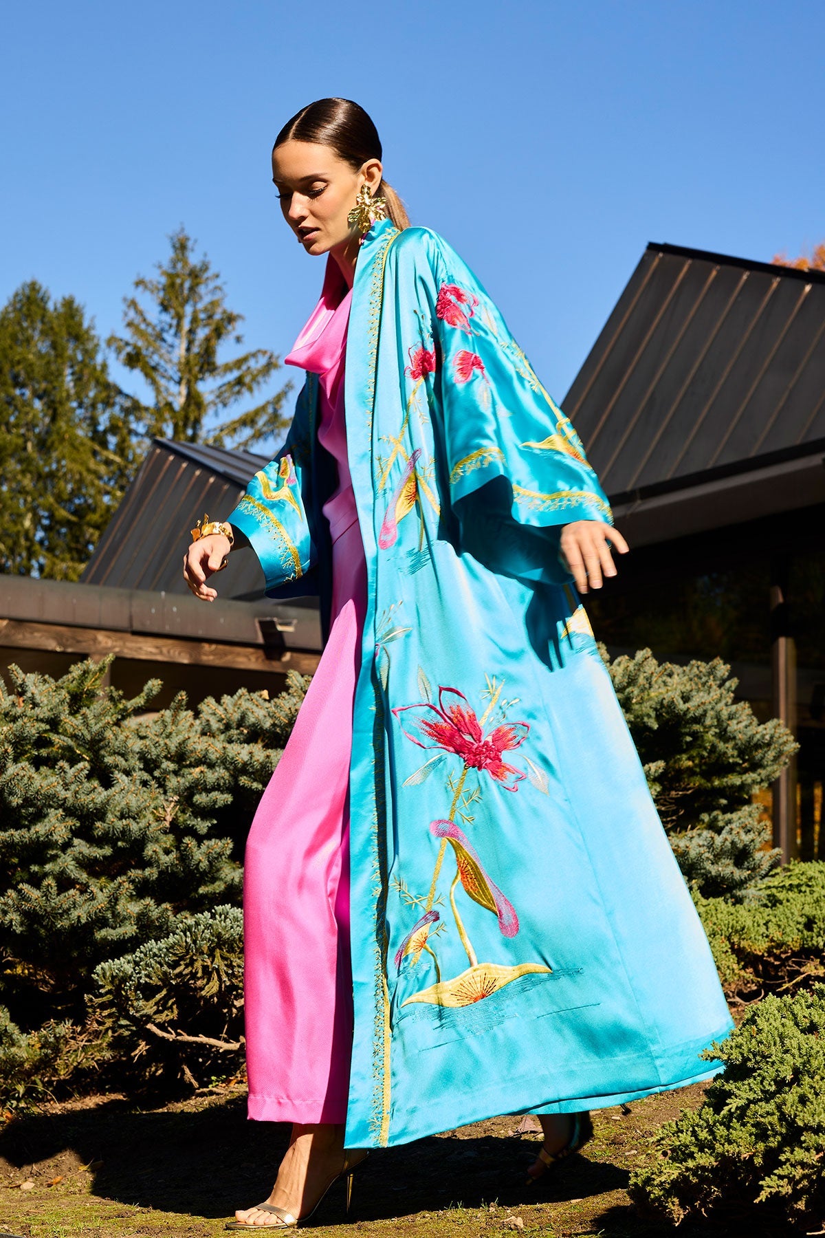 Couture Bali Embroidered Silk Robe Azure