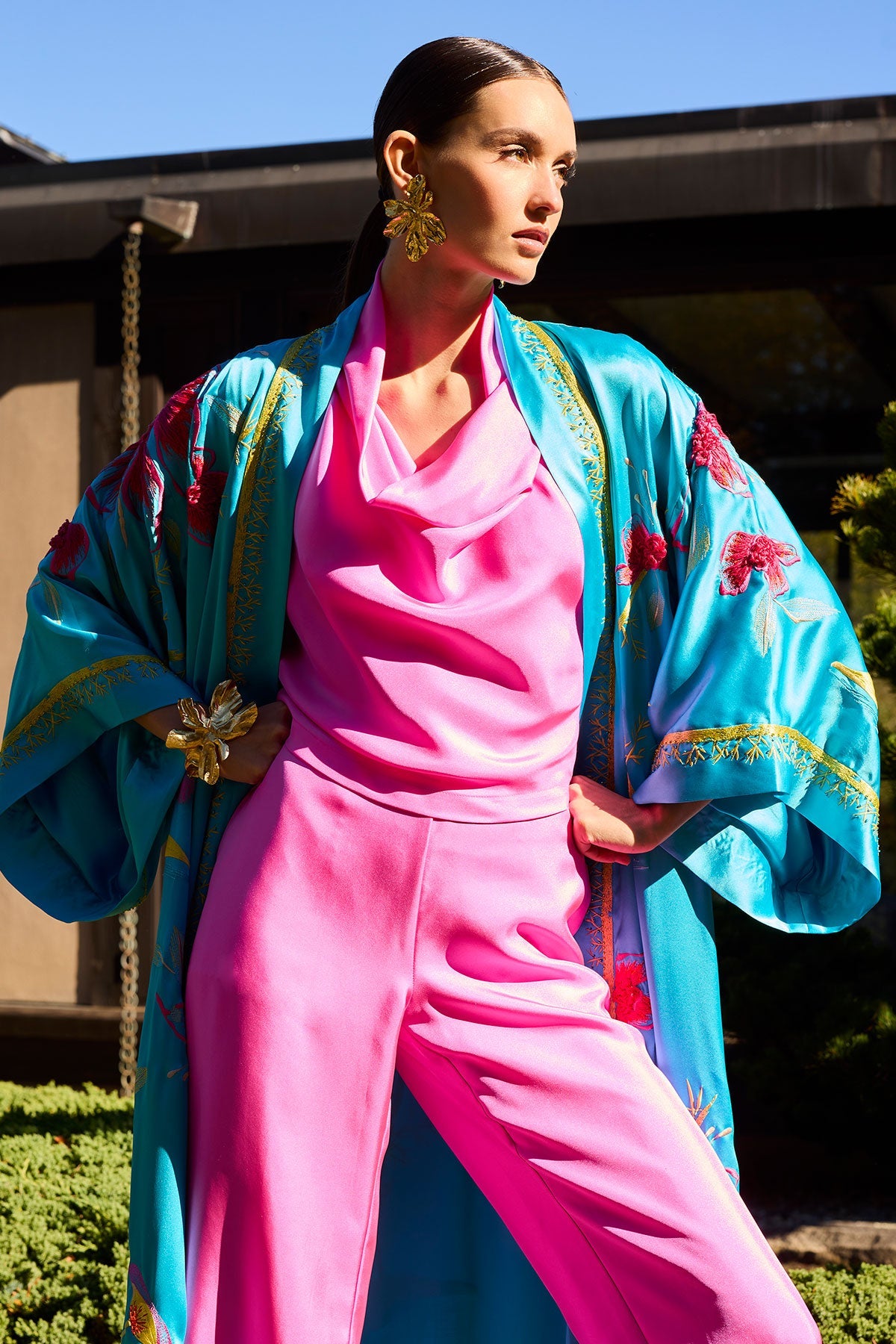 Couture Bali Embroidered Silk Robe Azure