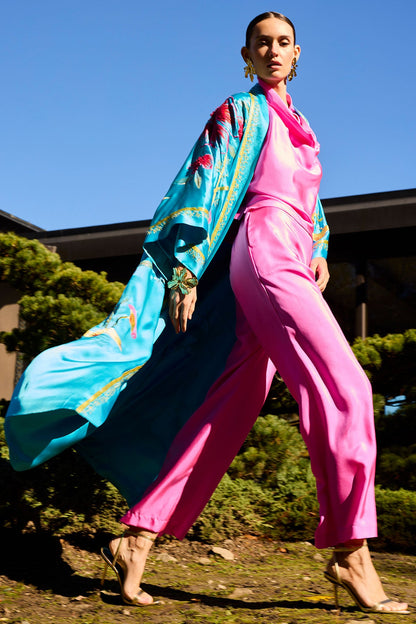 Couture Bali Embroidered Silk Robe Azure